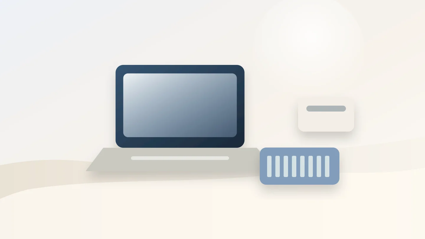 Generic laptops buying guide illustration with a laptop, memory module, and storage card