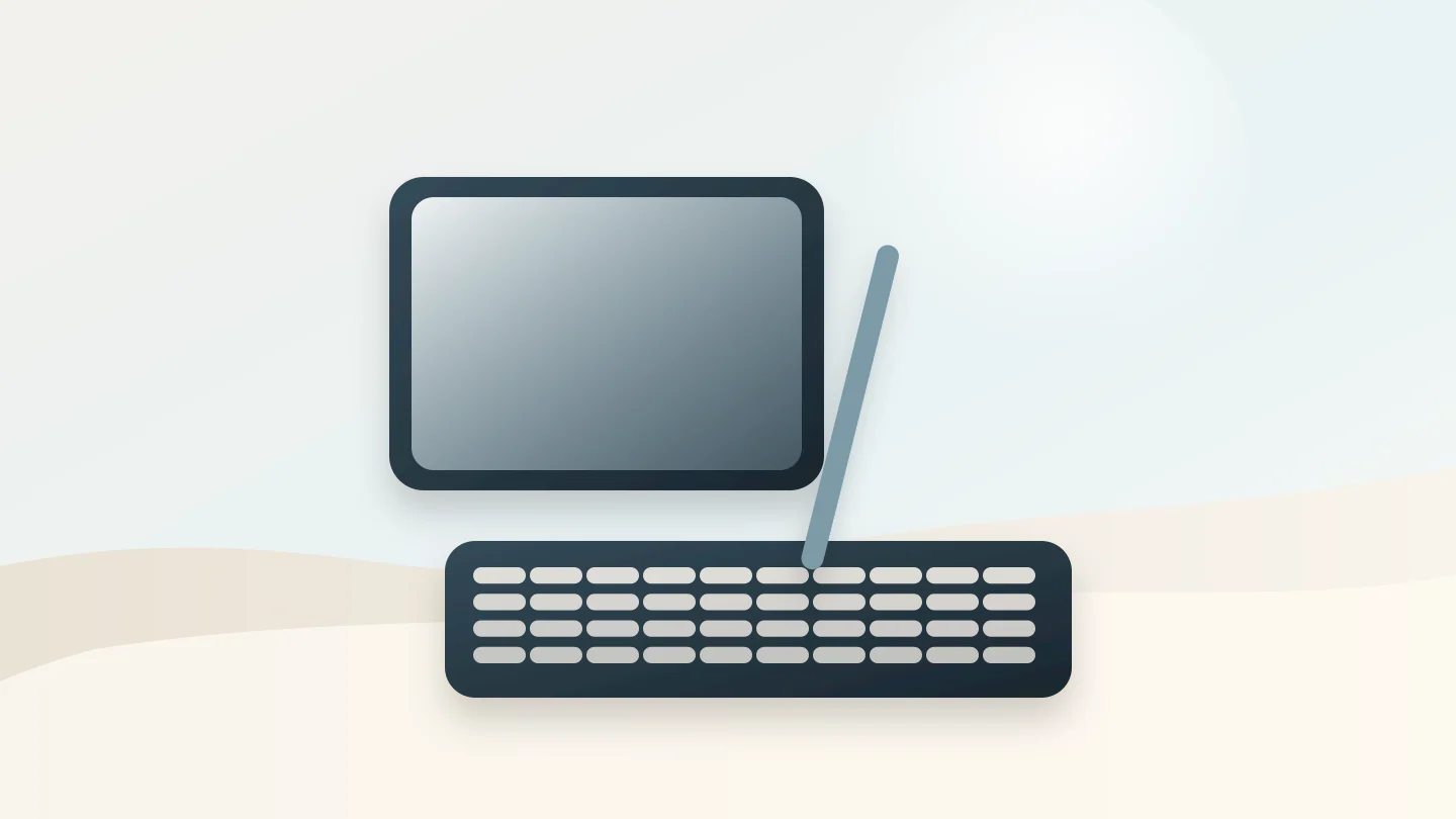 Generic tablets buying guide illustration with a tablet, keyboard, and stylus